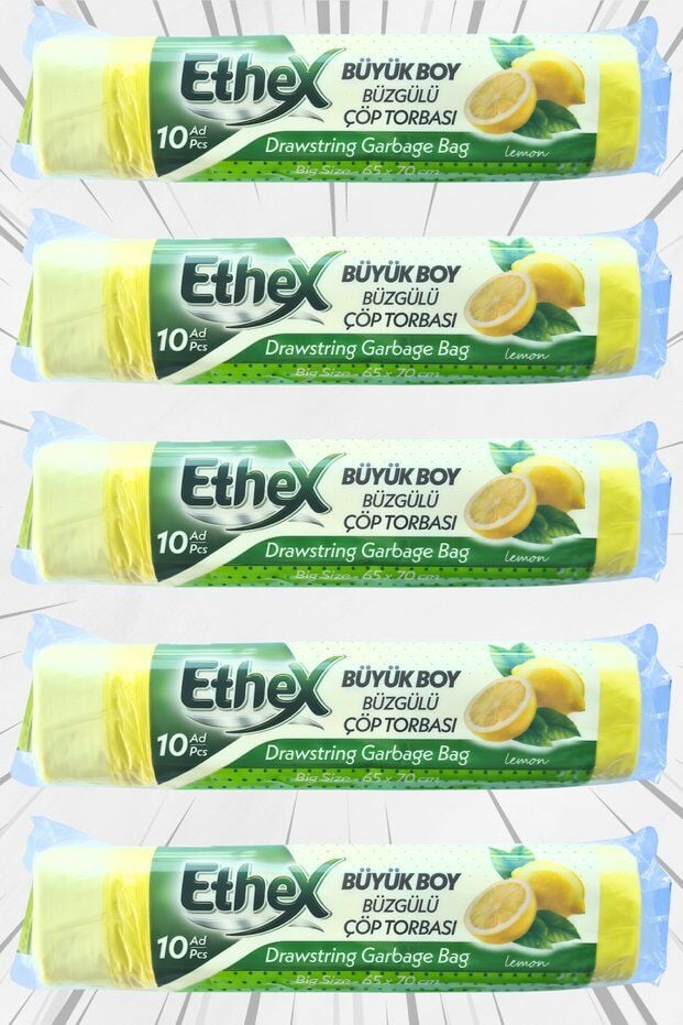 Ethex Büzgülü Çöp Poşeti Limon Kokulu 65×70 cm Büyük Boy 5 Rulo Dayanıklı Sızdırmaz Kalın Çöp Torbası