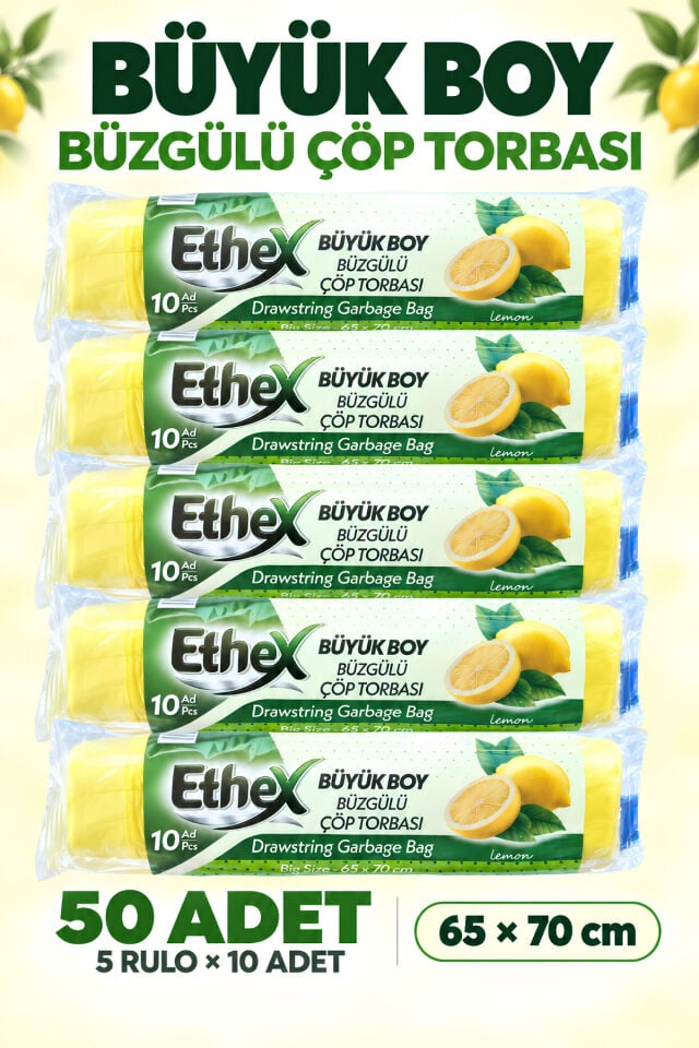 Ethex Büzgülü Çöp Poşeti Limon Kokulu 65×70 cm Büyük Boy 5 Rulo Dayanıklı Sızdırmaz Kalın Çöp Torbası