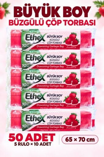 Ethex Büzgülü Çöp Poşeti Çilek Kokulu 65×70 cm Büyük Boy 5 Rulo Dayanıklı Sızdırmaz Kalın Çöp Torbası