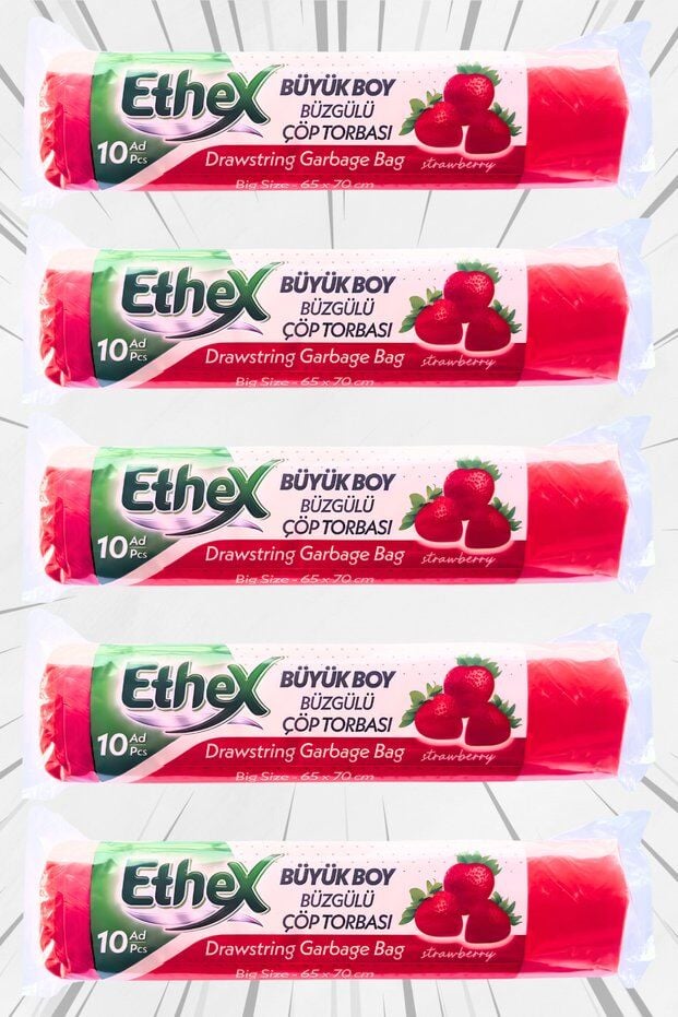 Ethex Büzgülü Çöp Poşeti Çilek Kokulu 65×70 cm Büyük Boy 5 Rulo Dayanıklı Sızdırmaz Kalın Çöp Torbası