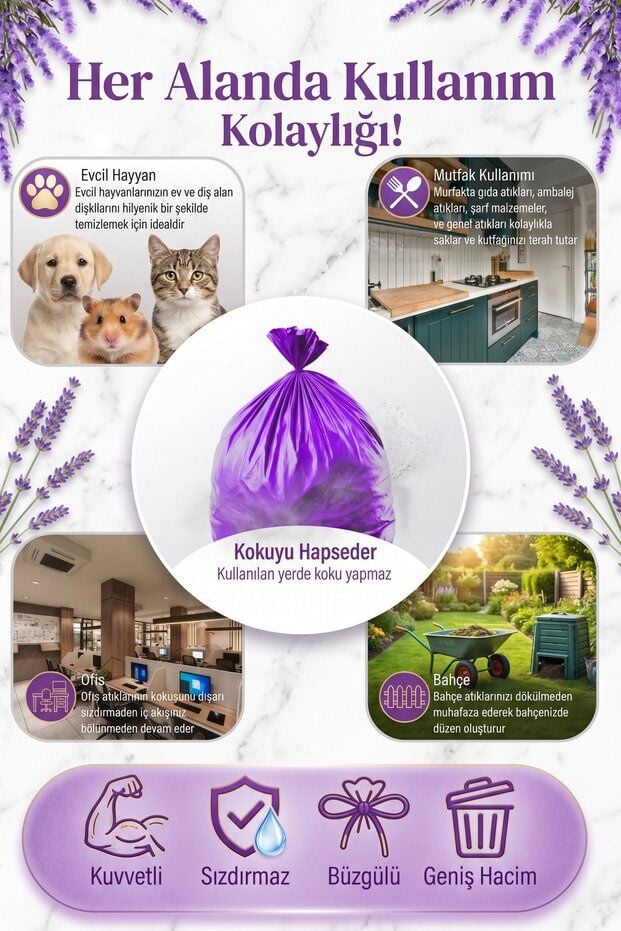 Ethex Büzgülü Çöp Poşeti Lavanta Kokulu 65×70 cm Büyük Boy 5 Rulo Dayanıklı Sızdırmaz Kalın Çöp Torbası
