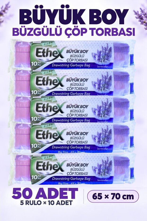 Ethex Büzgülü Çöp Poşeti Lavanta Kokulu 65×70 cm Büyük Boy 5 Rulo Dayanıklı Sızdırmaz Kalın Çöp Torbası