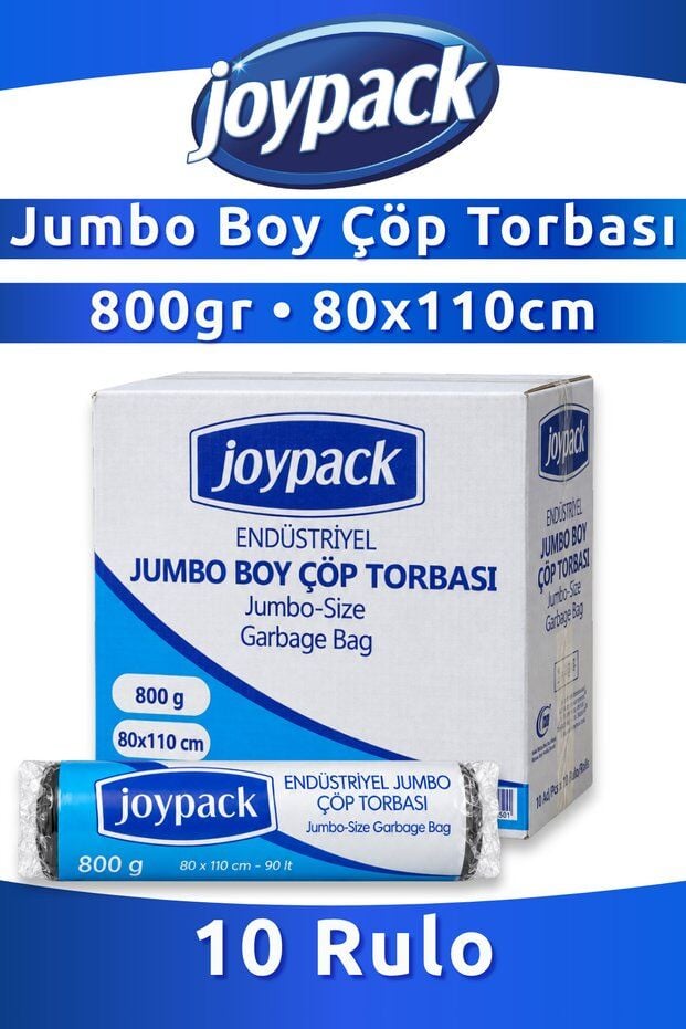 Joypack Endüstriyel Jumbo Çöp Torbası Rulo Başı 10 Adet, 10 Rulo - 800gr 80x110 Cm 90 Lt