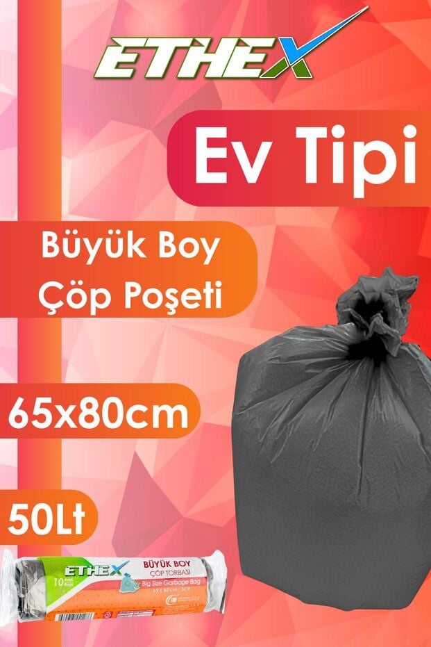 Ethex Standart Büyük Boy Çöp Torbası (10 Adet 65 x 80cm  50lt SİYAH 5 Rulo)