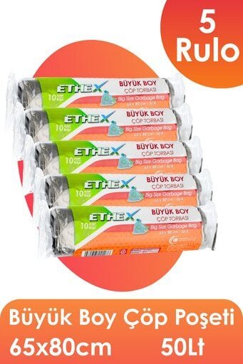 Ethex Standart Büyük Boy Çöp Torbası (10 Adet 65 x 80cm  50lt SİYAH 5 Rulo)